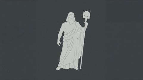 Silhouette of regal bearded zeus figure with staff on grey background