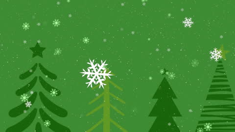 Christmas Trees and Snowflakes Falling on Green Background