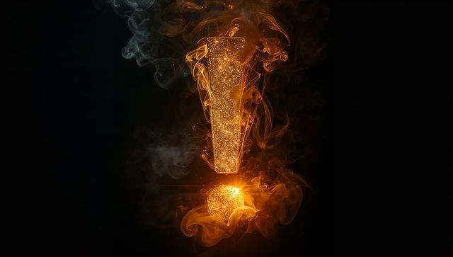 Glowing golden exclamation mark with fiery sparks and smoke for alert attention graphics