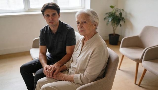 Adult son comforting elderly mother holding hands in calm home interior for caregiving support