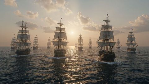 Fleet of majestic british empire wooden ships sailing at sunset