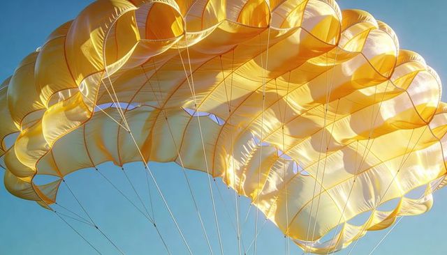 Golden ram-air parachute canopy billowing in sunlit sky with translucent fabric