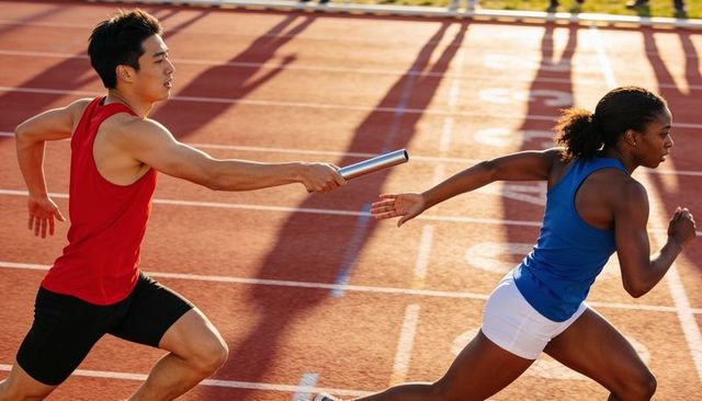 Passing baton in relay race, sprinter sprinting while teammate reaching forward on track