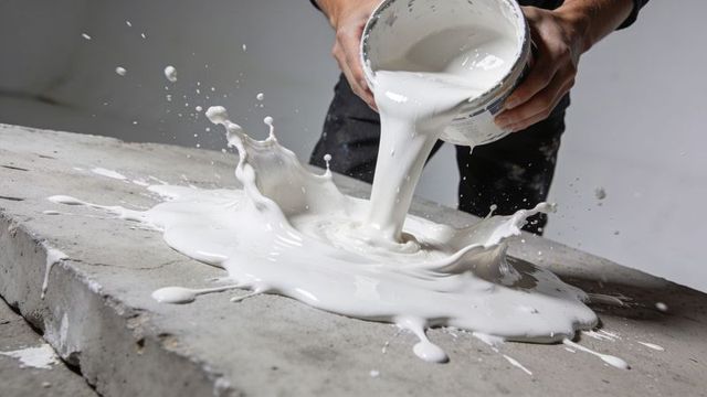 Pouring white paint splashing over concrete slab creating glossy liquid texture