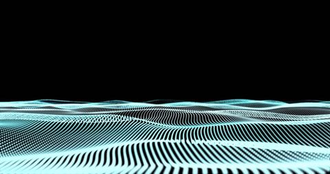 Neon cyan wireframe waves creating futuristic digital landscape with dotted grid