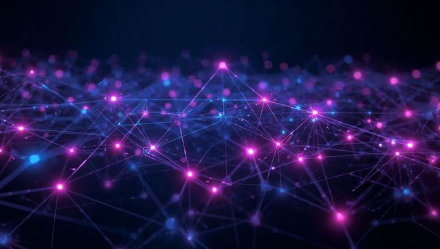 Pulsing abstract neural network forming neon 3D mesh with glowing magenta and cyan nodes