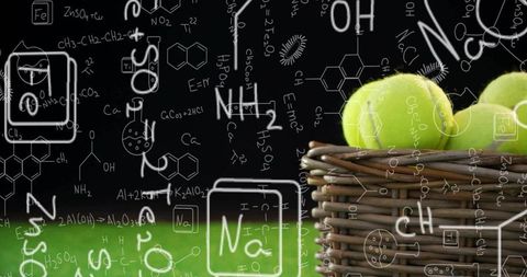 Tennis meets chemistry with formulas on basket of tennis balls