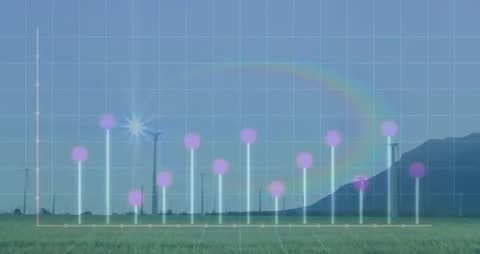 Futuristic Data Graph Overlay on Wind Turbines at Sunrise