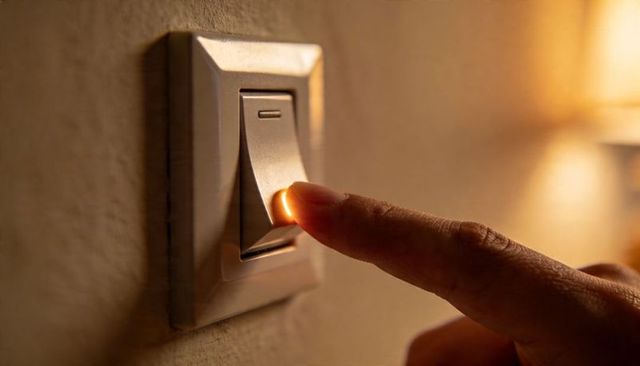 Close-up finger pressing illuminated wall rocker switch with amber indicator and warm lamp glow