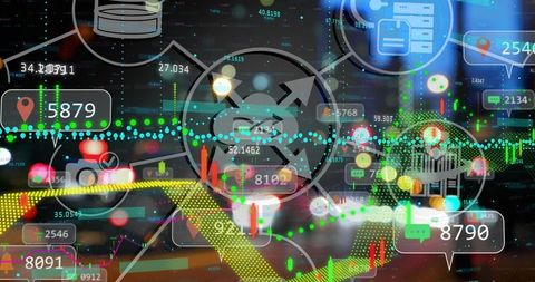 Futuristic digital finance visual with data and technology icons