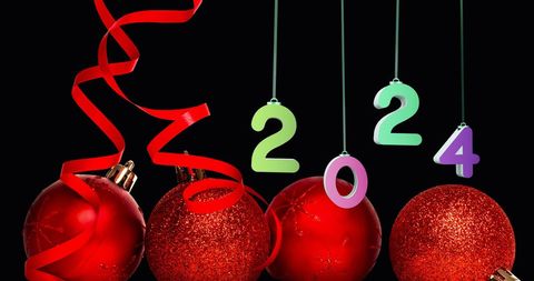 Festive backdrop with 2024 and red christmas ornaments