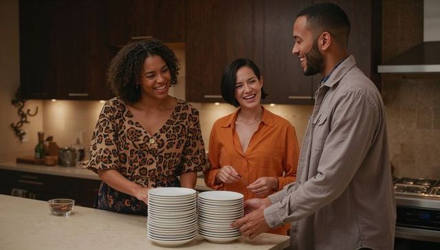 Friends chatting and laughing while stacking plates at kitchen island during casual dinner