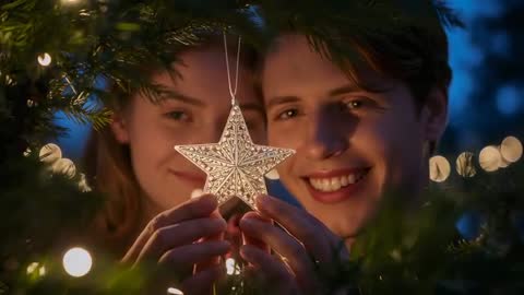 Young couple placing star ornament on lit fir tree at dusk, smiling, sharing festive joy