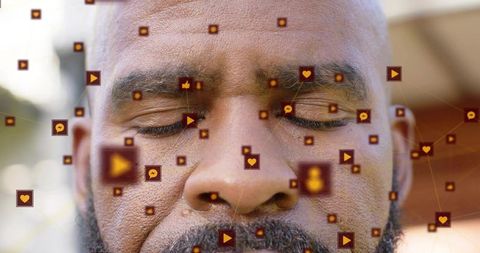 Mature african american man resting with augmented reality social media icons overlay