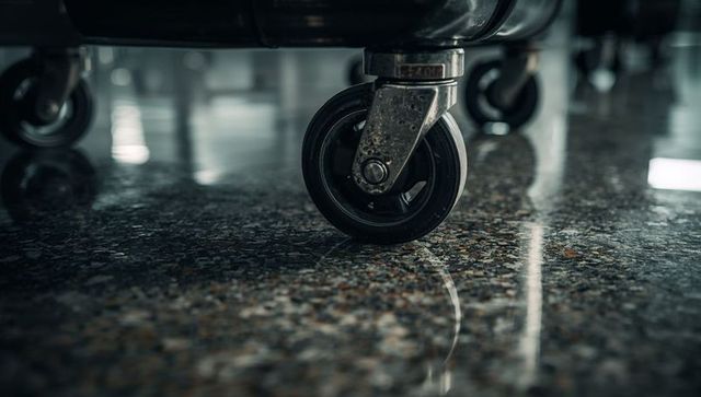 Industrial swivel caster wheel rolling across polished terrazzo floor reflecting lobby lighting