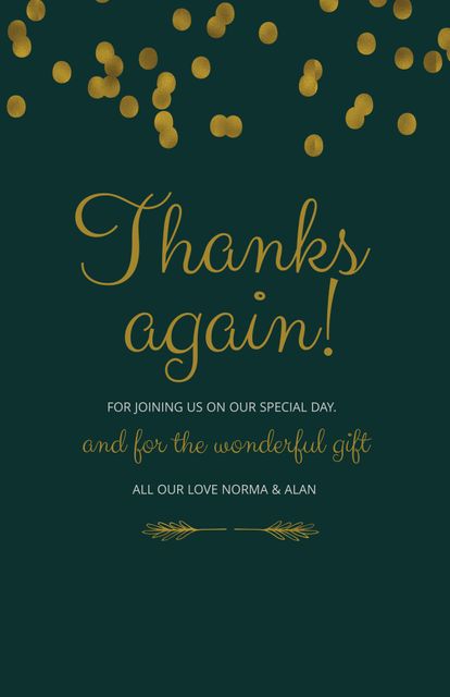 This elegant thank you card design with its golden bokeh and heartfelt message is perfect for expressing gratitude on special occasions such as weddings, anniversaries, and other celebrations. It can be used for sending personal thank you notes, as part of a wedding appreciation package, or for stylized social media posts aimed at conveying gratitude.