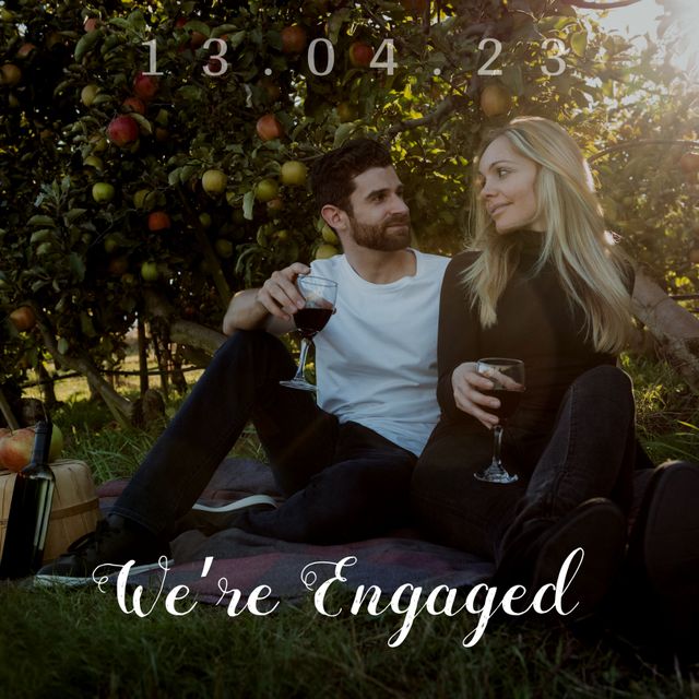 This image captures a happy couple sitting in an orchard, celebrating their engagement with wine and romantic ambiance. Perfect for use in engagement announcements, romantic themed websites, relationship blogs, and love story features.