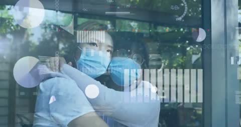 Mother and Daughter Embracing by Window with Health Graphics Overlay