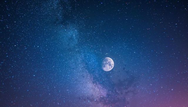 Mysterious Night Sky with Glowing Moon and Milky Way Galaxy