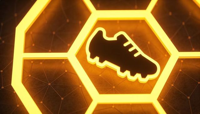 Glowing honeycomb frame highlighting soccer cleat silhouette with neon amber rim light