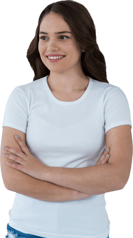 Woman wearing white t-shirt and jeans smiling with crossed arms. Transparent background makes it ideal for client projects requiring easy background removal. This image is perfect for advertisements, fashion catalogs, or lifestyle branding that emphasizes casual attire and approachable confidence.