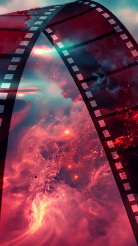 Vertical Cinematic Film Ribbon Traversing Neon Nebula with Teal Flare and Parallax Motion
