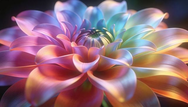 Radiant iridescent dahlia macro showcasing shimmering rainbow petals and ribbed texture