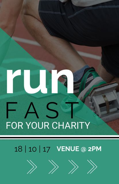 Promoting a charity run event, the image captures a runner's starting stance, evoking determination and community spirit. Ideal for fitness challenges or sports event announcements, emphasizing speed and philanthropy.