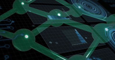Holographic Green Node Network Visualizing Data Grid Topology Interface Dashboard Futuristic