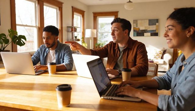 Remote team collaborating at home table, pointing and typing on laptops with coffee