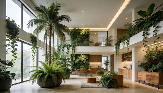 Biophilic two-story living space with palm, hanging vines, vertical garden, natural light and loft