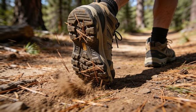Hiking boot outsole striking dusty pine trail scattering needles and dirt in sunlit forest