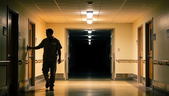 Night-shift hospital worker walking toward double doors in dim corridor with handrails
