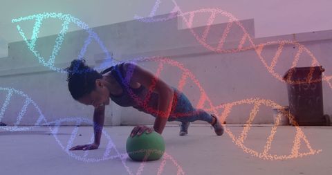 Woman Exercising with Virtual DNA Strands Concept