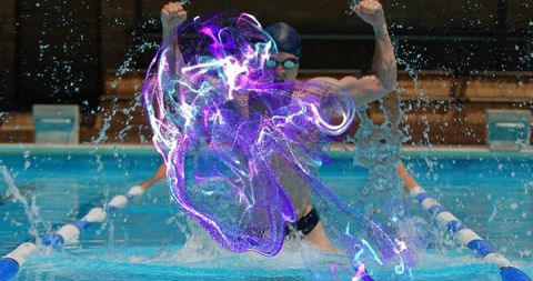 Athlete Rising in Pool with Dynamic Swirling Energy