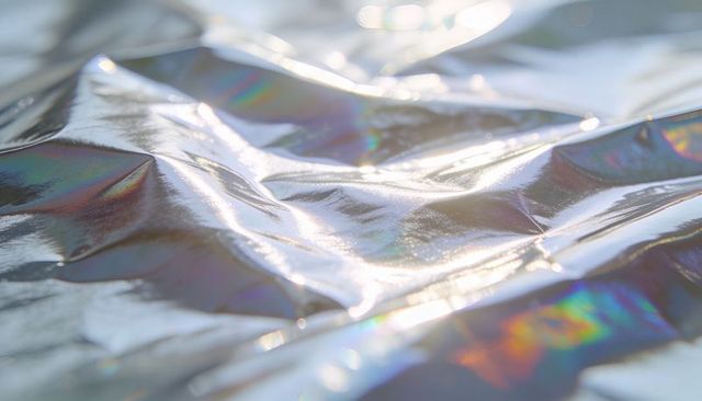 Shimmering crumpled metallic foil reflecting iridescent rainbow light with prismatic folds