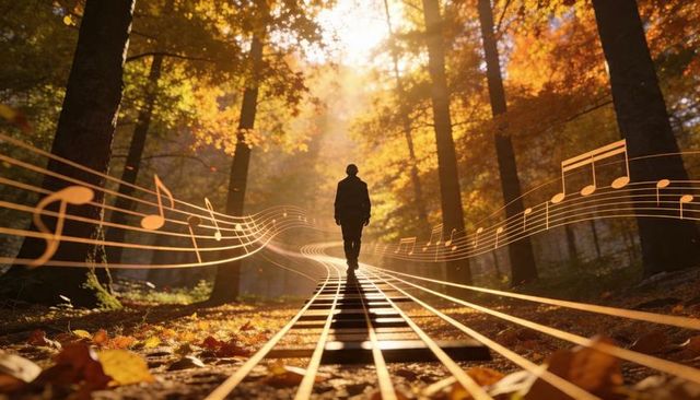 Walking along glowing guitar fretboard trail through sunlit autumn forest melody notes