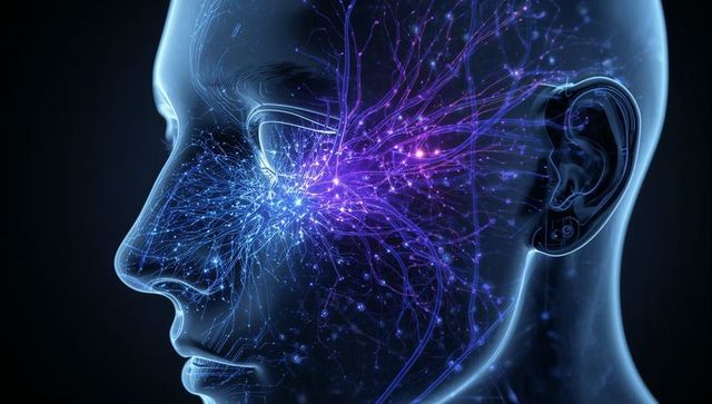 Translucent human head revealing glowing neural network with luminescent nodes