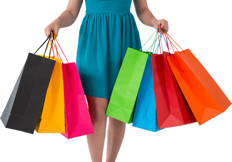 Woman holding colorful shopping bags on transparent background