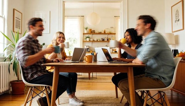 Sunlit Home Office Team Collaborating over Laptops and Coffee, Cozy Remote Work Lifestyle