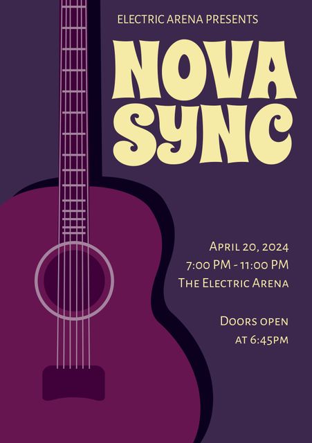 This poster features a stylized guitar silhouette with Nova Sync as the headline act. Event information includes date, time, and venue details specified for April 20, 2024, at The Electric Arena. Ideal for promoting concerts, live music events, or music festivals. Great for venue advertising or social media event announcements, capturing excitement for upcoming performances.