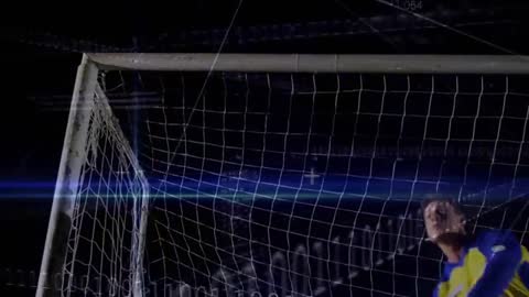 Goalkeeper Defending Net with Futuristic Digital Overlay