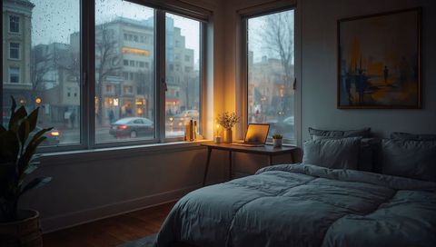 Rainy urban bedroom at twilight with cozy rumpled bed, warm desk lamp and laptop