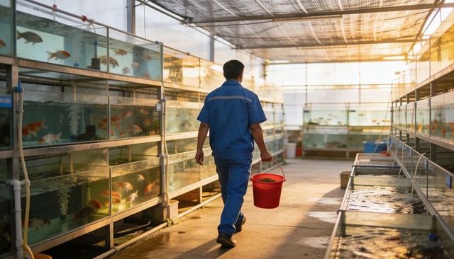 Aquaculture worker walking hatchery aisle carrying red bucket feeding fish in greenhouse