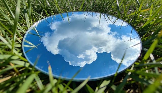 Round mirror reflecting blue sky and fluffy cumulus cloud in vibrant green grass