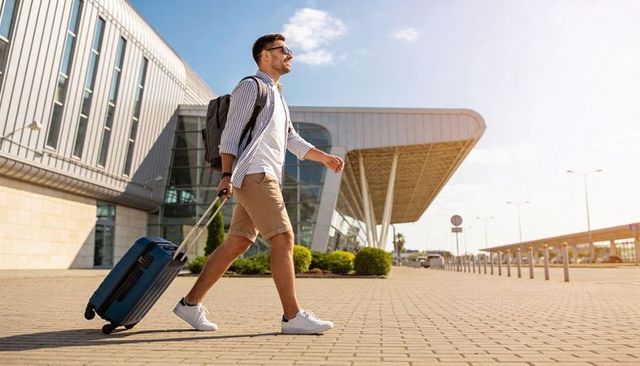 Young traveler walking with rolling suitcase at modern airport terminal plaza