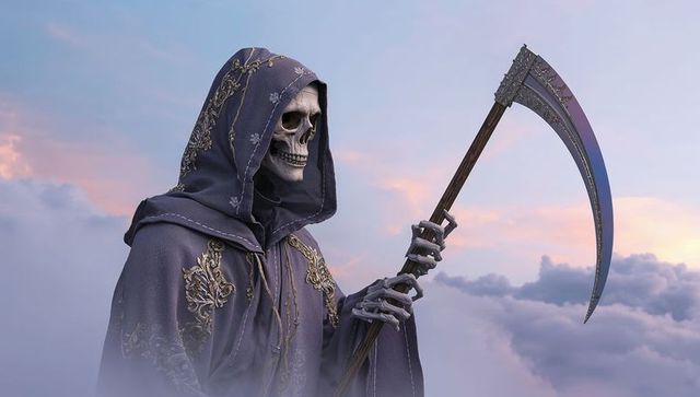 Mystical reaper in embroidered robe holding ornate scythe at dusk