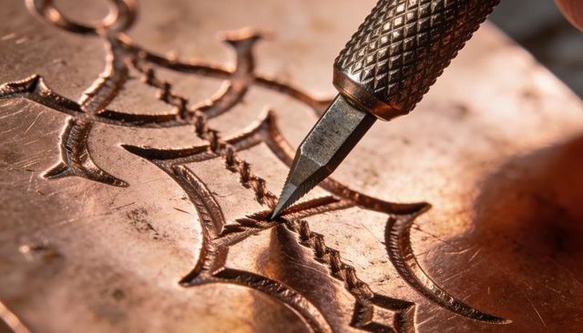 Macro engraving tool cutting zigzag pattern into copper plate, knurled handle