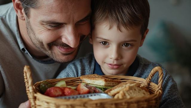 Father and son enjoying cozy indoor picnic with wicker basket, sandwiches and strawberries