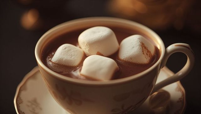 Porcelain teacup with hot chocolate and marshmallows